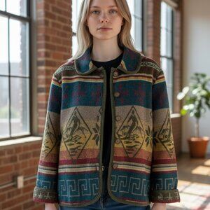 Vintage SKI Motif Wool Button-up Jacket with Peter Pan Collar